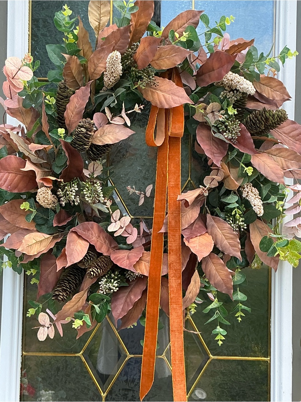 New Handmade Rustic Magnolia Fall Wreath with Orange Velvet Bow
